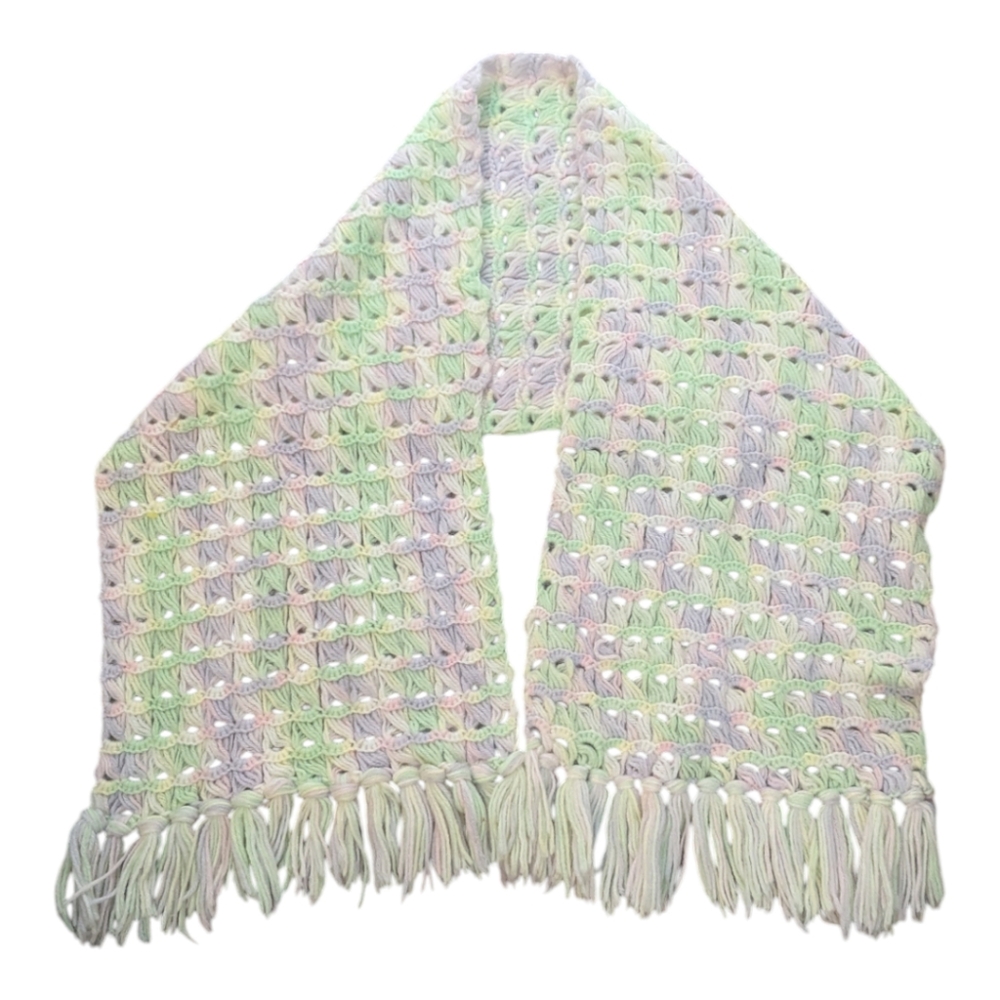 Vintage Hand Knitted Or Crocheted White Pink Purple Green Scarf Shawl Wrap 62"